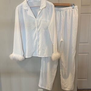 SHEIN White Feather Trim Pajama Set